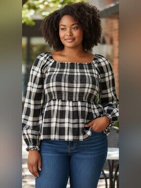 INNER CIRCLE Black and White Plaid Smocked Top